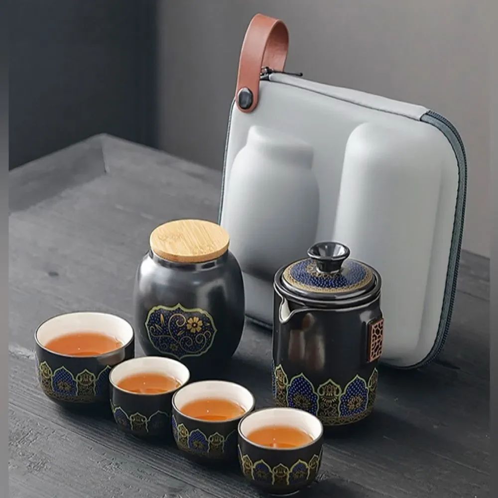 Chinese Year Of The Snake Elegant Black and Gold Glass Tea Set Travel Case Cups